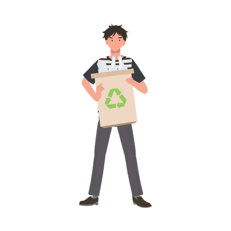 Man holding recycle box full of used glass  Illustration