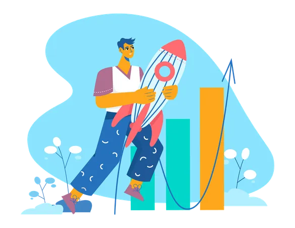 Man holding rocket and doing startup analysis  Illustration