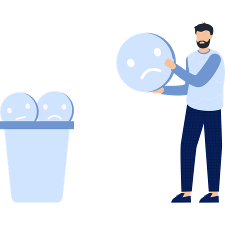 Man Holding Sad Face Icon  of Negative Emotions Mental Health Depression and Discarding Unhappiness  Illustration