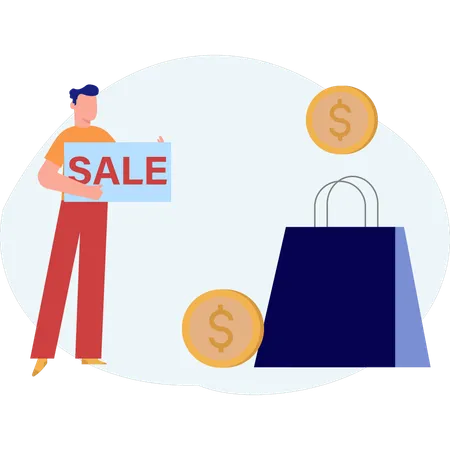 Man holding sale board  Illustration