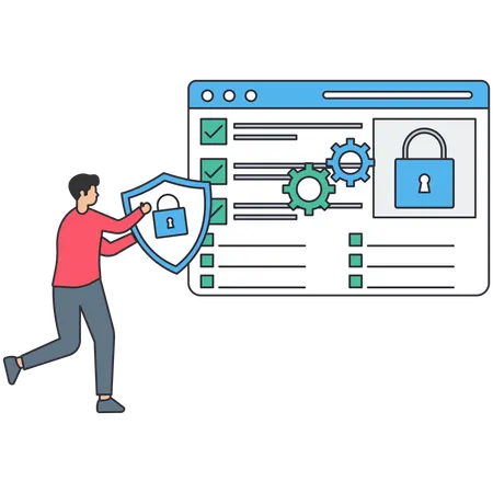 Man holding shield while showing Page security  Illustration