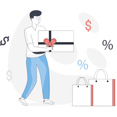 Man holding shopping bags and a gift box smiling as he prepares for a celebration or special occasion  Illustration