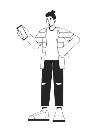 Caucasian Man Holding Smartphone Flat Line Black White Vector Character Editable Outline Full Body Person Millennial Working On Phone Simple Cartoon Isolated Spot Illustration For Web Graphic Design Illustration