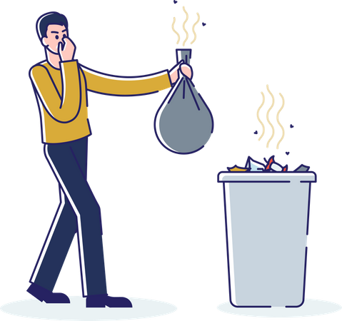 Man holding smelly bag of waste  Illustration