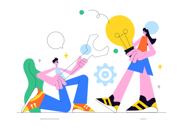 Man holding spanner and girl having idea  Illustration