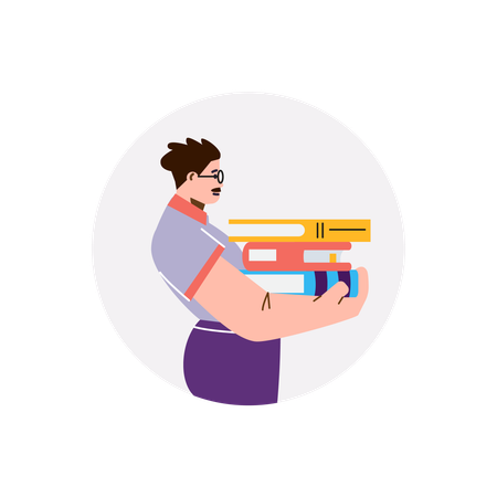 Man holding stack of books  Illustration