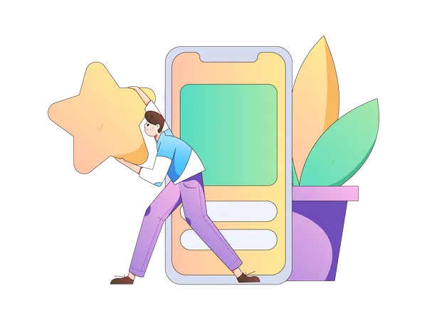 Man holding star while giving online review using mobile  Illustration