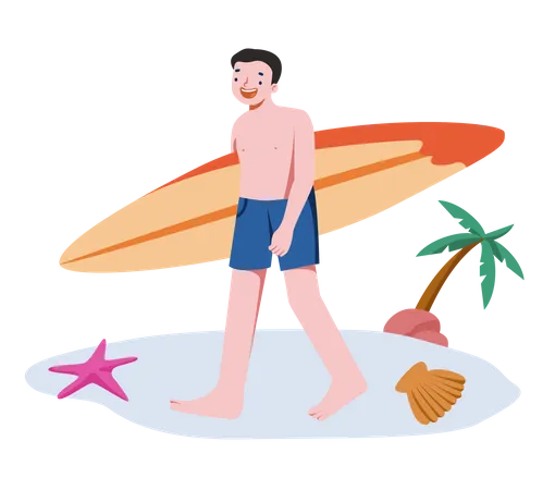 Man holding surfing board and enjoying at beach  Illustration