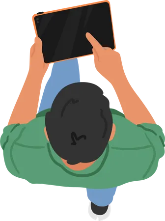 Top View Image Of A Man Walking While Holding A Tablet Device Male Character Showcasing Modern Technology And Mobility In A Simple Yet Efficient Manner Cartoon People Vector Illustration Illustration