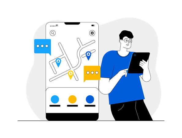 Man holding tablet while find location  Illustration