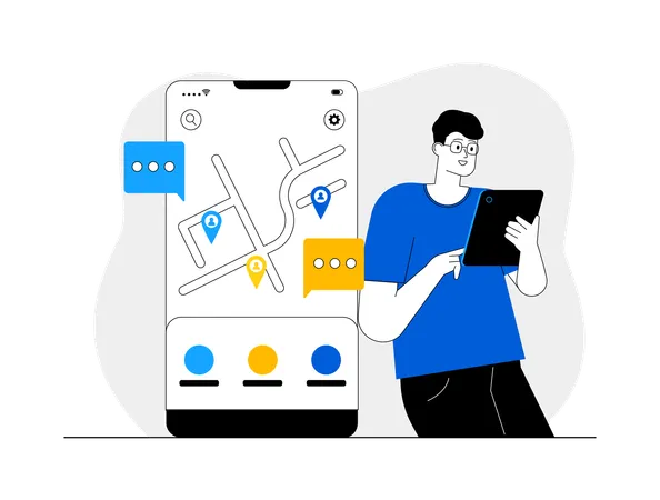 Man holding tablet while find location  Illustration