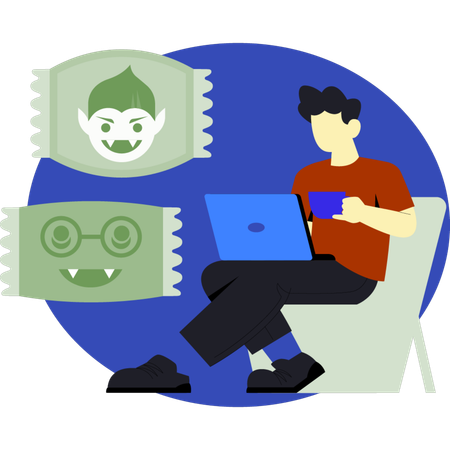 Man holding tea works on laptop  Illustration