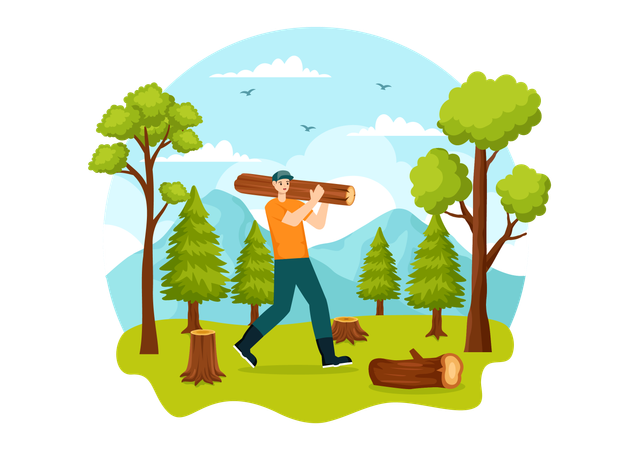 Man holding Timber log  Illustration