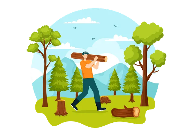 Man holding Timber log  Illustration