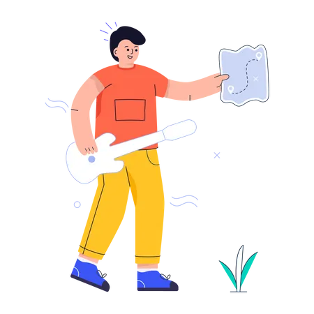 Man holding Tour Map and guitar Illustration