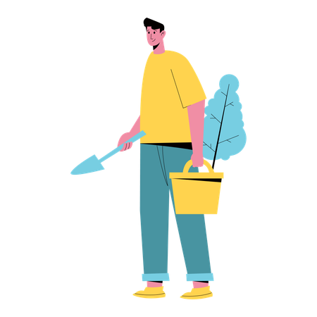 Man holding trowel and tree while going for planting tree  Illustration