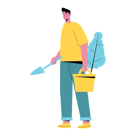Man holding trowel and tree while going for planting tree  Illustration