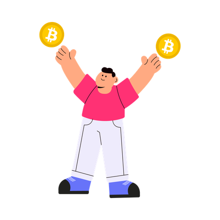 Man holding two Bitcoins with excitement  Illustration