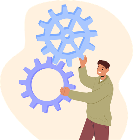 Man Holding Two Large Gears Symbolizing Mechanical Or System Processes  Illustration