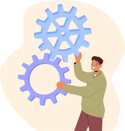 Man Holding Two Large Gears Symbolizing Mechanical Or System Processes  Illustration