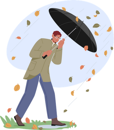 Man Holding Umbrella and Protecting from Rain Illustration