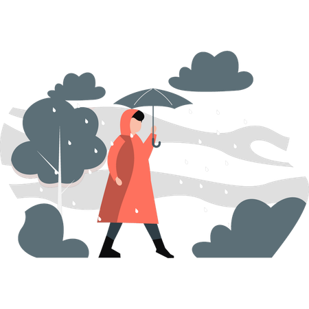 Man holding umbrella walking through the forest during rain  Illustration