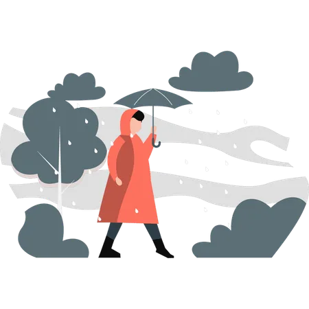 Man holding umbrella walking through the forest during rain  Illustration