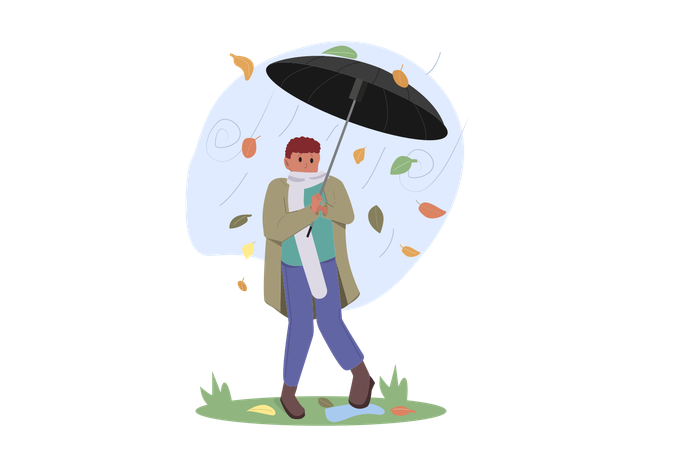 Man Holding Umbrella Walking Under Rain  Illustration