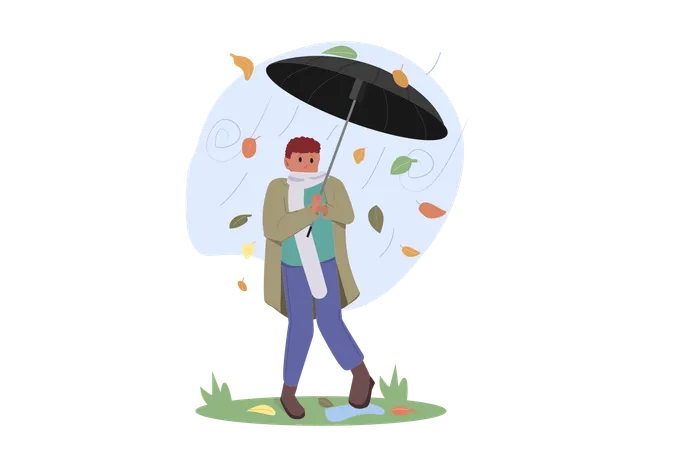 Man Holding Umbrella Walking Under Rain  Illustration