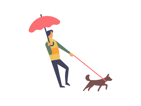 Man holding umbrella walking with his dog Illustration