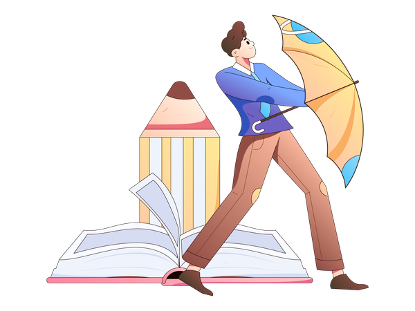 Man holding umbrella while getting book security  Illustration