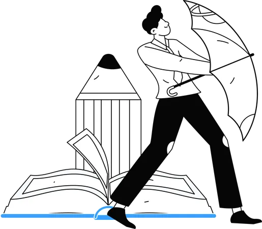 Man holding umbrella while getting book security  Illustration