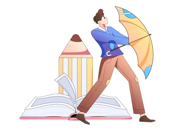 Man holding umbrella while getting book security  Illustration