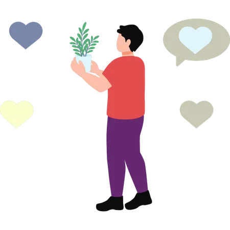 The Boy Is Holding A Vase Of Plants Illustration