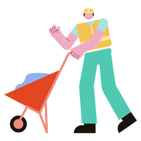 Man holding Wheelbarrow while waving hand  Illustration