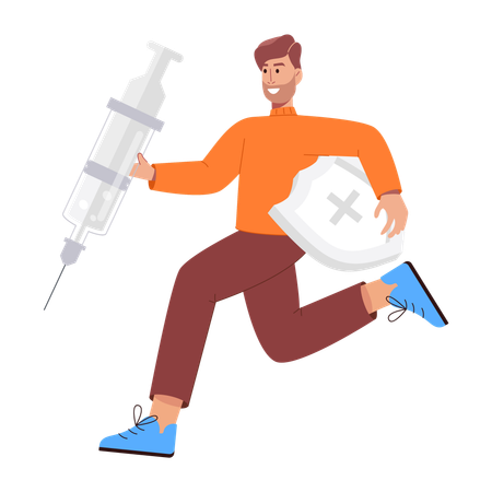 Man holding with vaccine and shield  Illustration