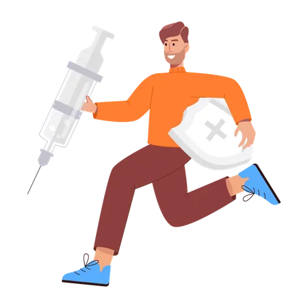 Man holding with vaccine and shield  Illustration