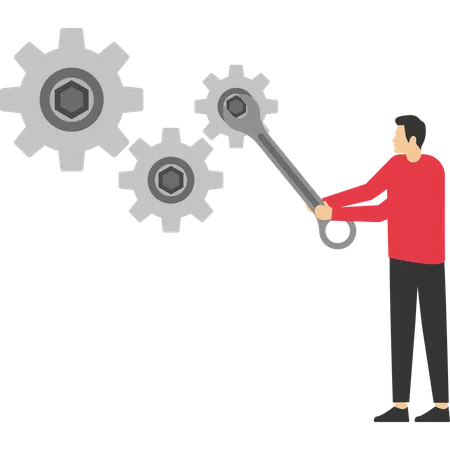Fixing Repairing Concept Holding A Wrench Is Repairing Among A Pile Of Gears Illustration
