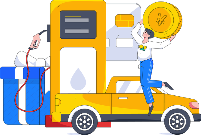 Man holding yen coin at fuel station  Illustration