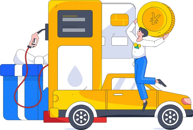 Man holding yen coin at fuel station  Illustration