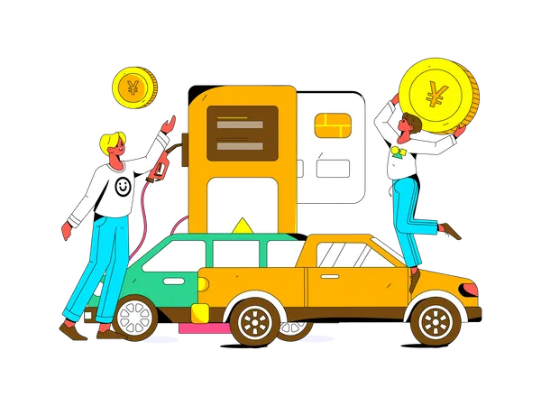 Man holding yen coin at fuel station  Illustration