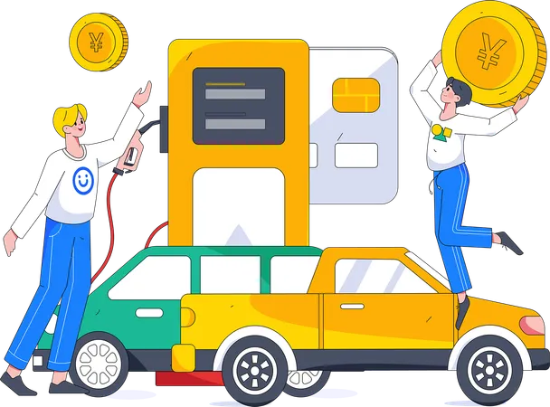 Man holding yen coin at fuel station  Illustration