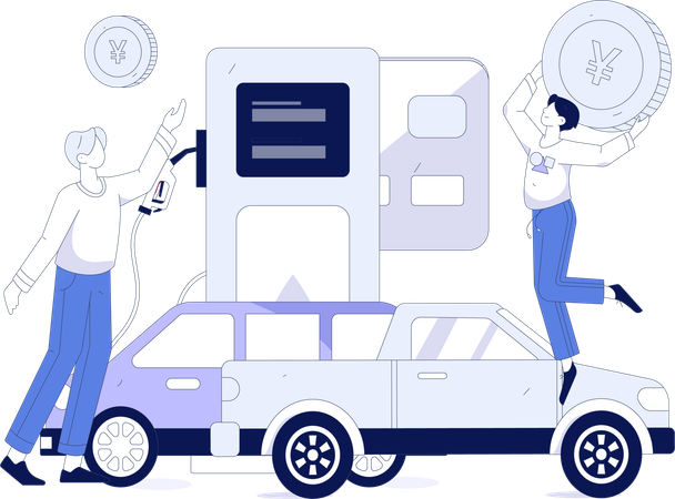 Man holding yen coin at fuel station  Illustration