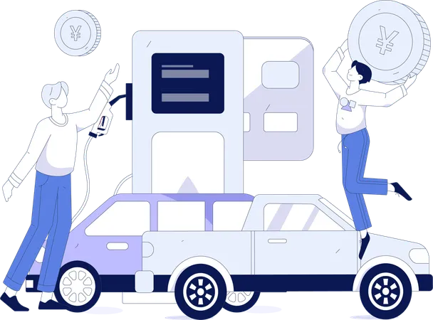 Man holding yen coin at fuel station  Illustration