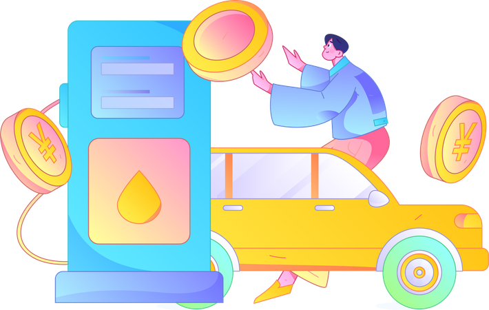 Man holding yen coin while filling petrol in car  Illustration