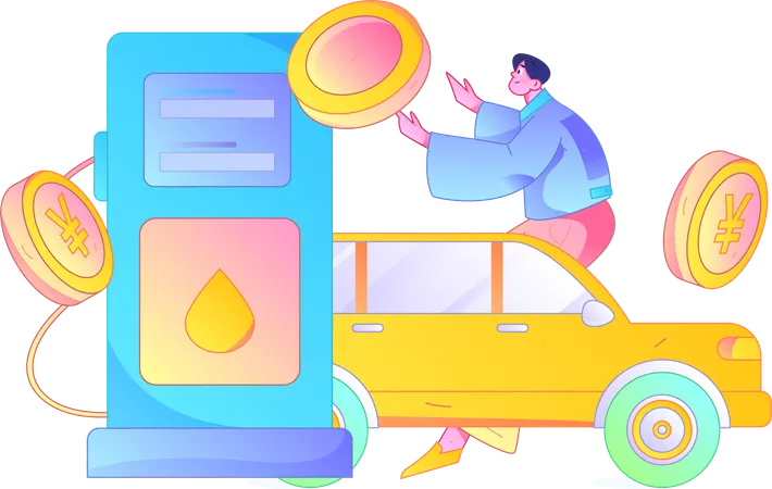 Man holding yen coin while filling petrol in car  Illustration