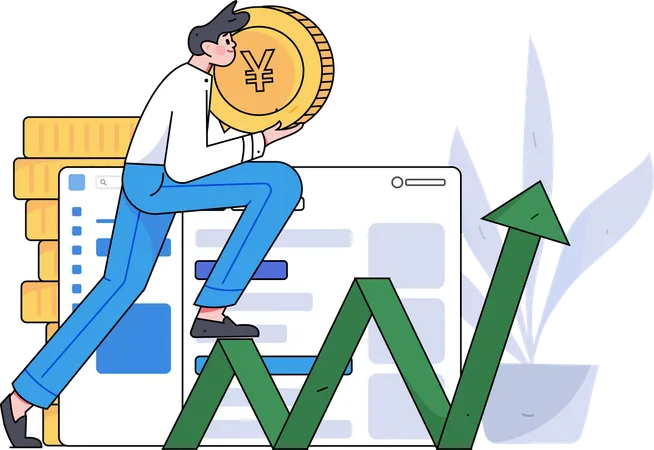 Man holding yen coin while getting profit  Illustration