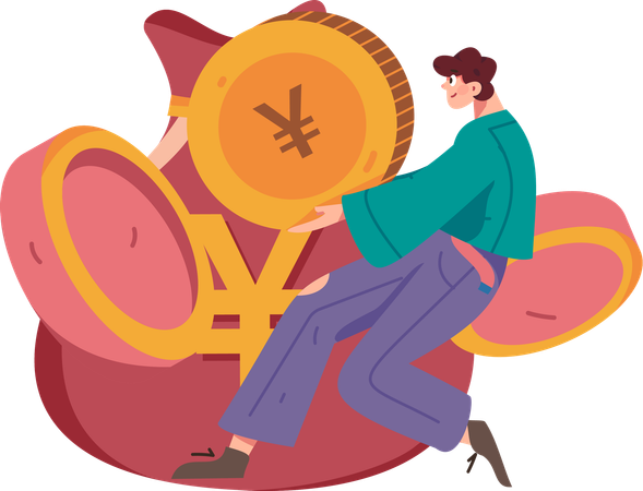 Man holding yen coin while investing money  Illustration