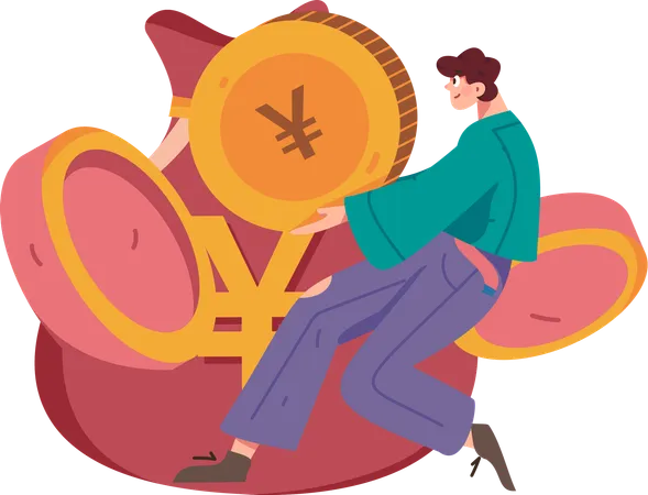 Man holding yen coin while investing money  Illustration