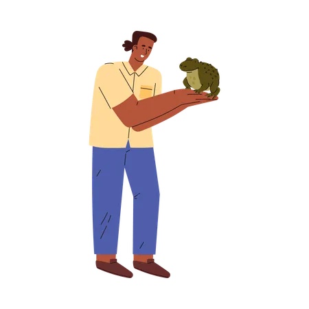 Man holds a big green frog in hands  Illustration